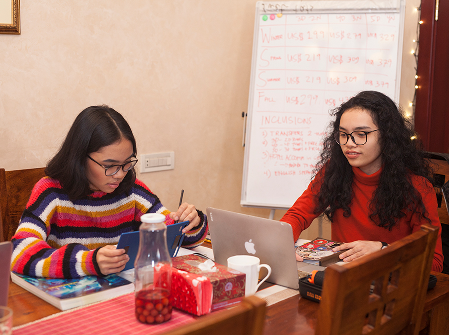 Girls are studying on their own