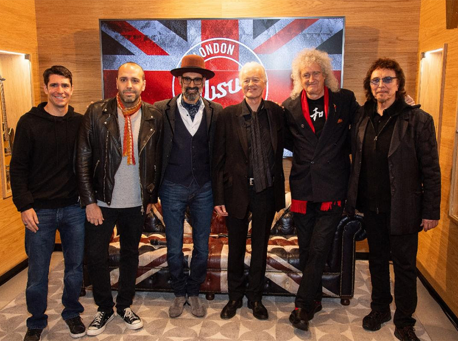 From right to left: Tony Iommi, Brian May, Jimmy Page, Cesar Gueikian