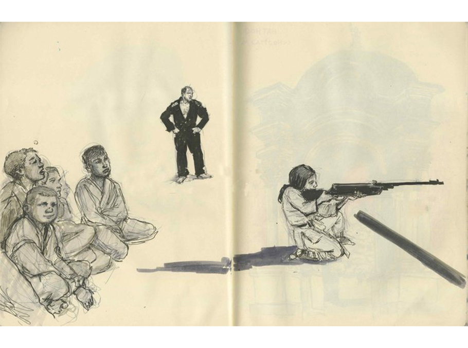 Երեխաները սովորում են կրակել, Բուչա, Ուկրաինա Մոլլի Քրեբափլի ճեպանկարը New York Review of Books-ի համար 