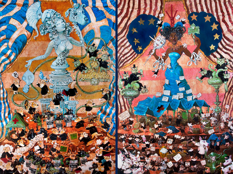 Մոլլի Քրեբափլի իլուստրացիաները «Shell Game» ցուցադրությունից: Աջից՝ «Ազատության պուրակի մեր լեդին», ձախից՝ «Սինտագմայի Աթենասը»