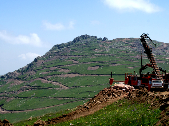 One of the two tops of Amulsar due to become a mine. Traces of drilling works are seen on the slope