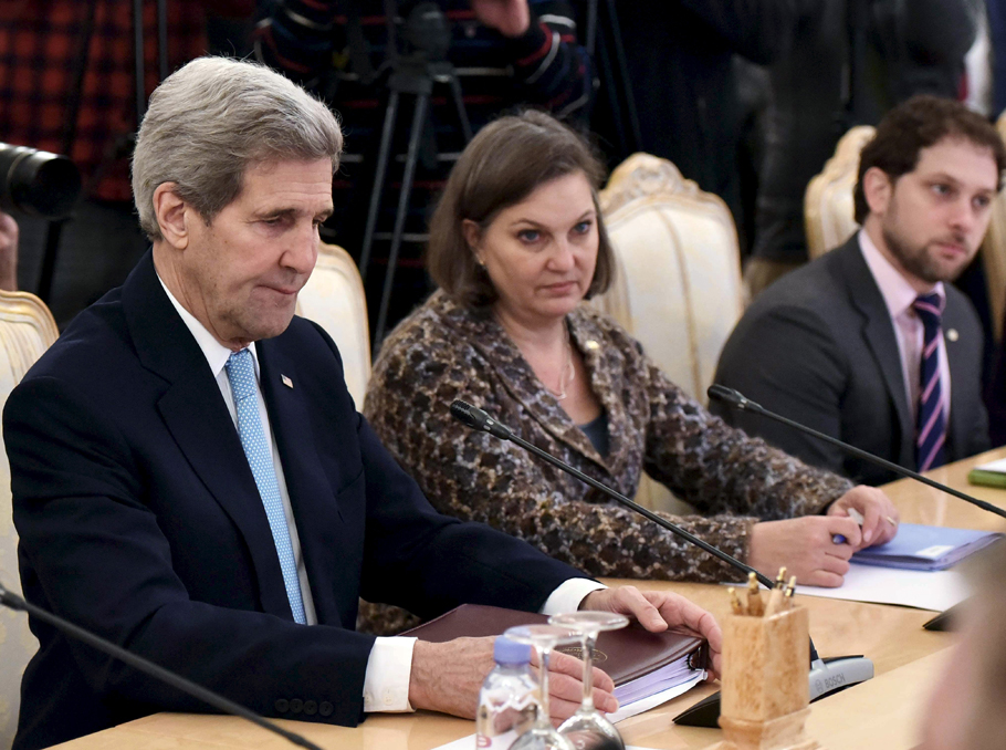 U.S. Secretary of State John Kerry and Assistant Secretary Victoria Nuland take part in a meeting with Russian Foreign Minister Sergei Lavrov in Moscow December 15, 2015